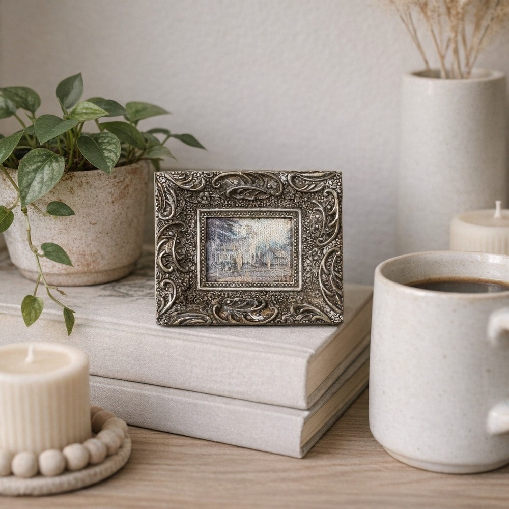 Miniature Landscape Oil Painting Ornate Silver Scrollwork Frame 3.5x3 Village